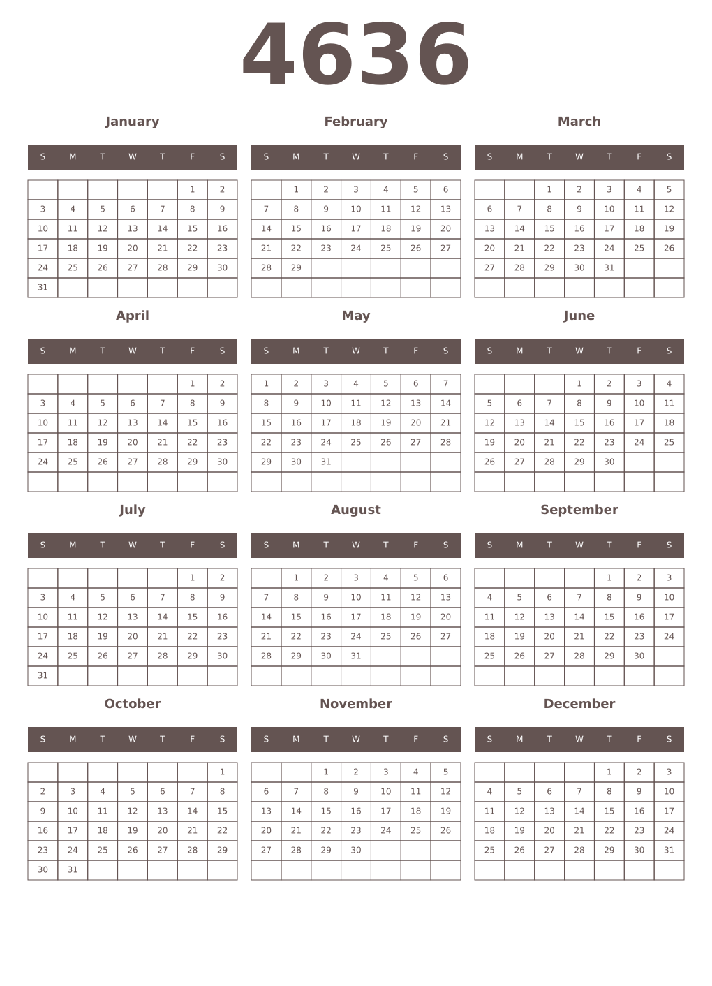 Printable 4636 Year Calendars wenge