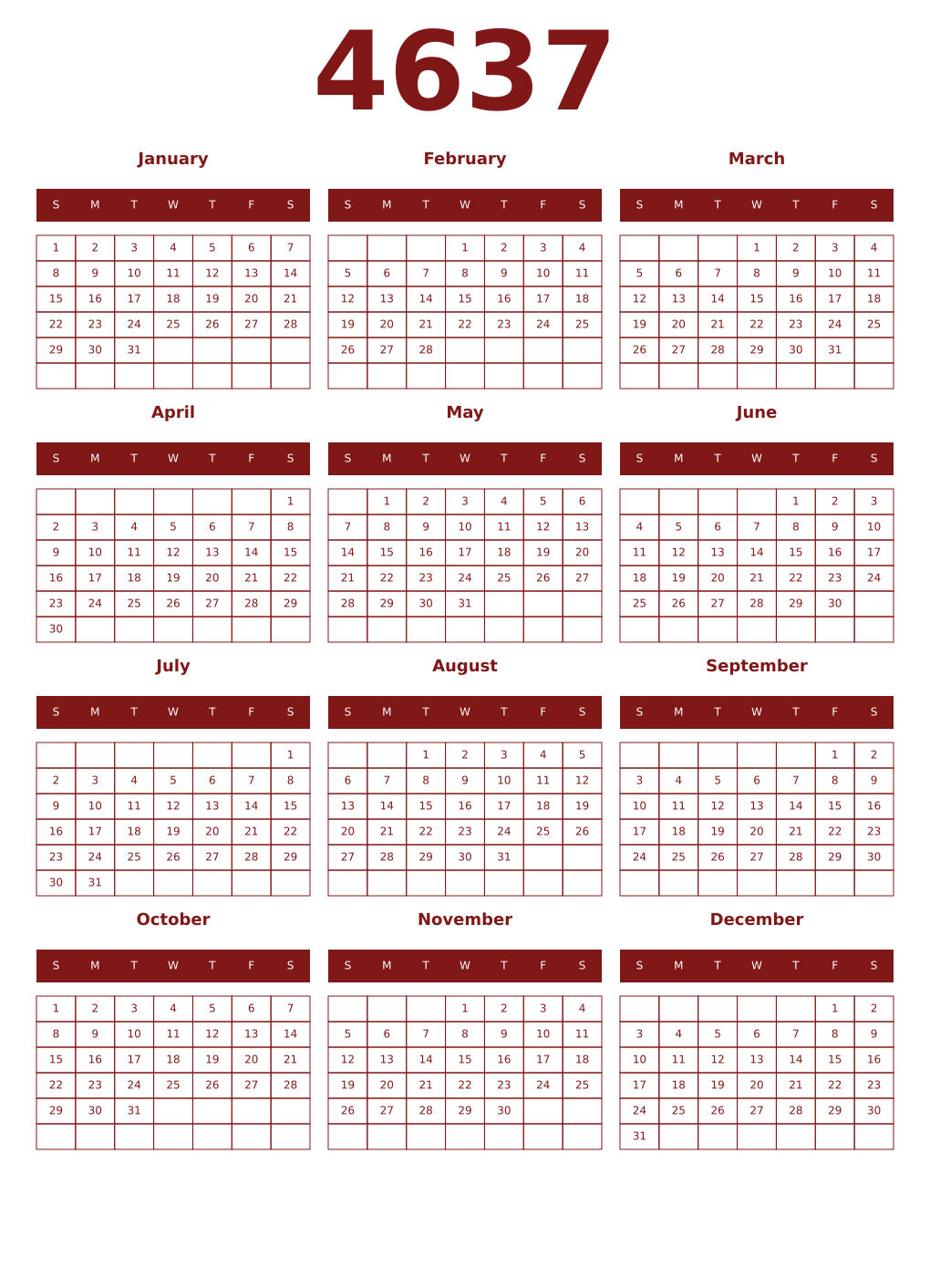 Printable 4637 Year Calendars falu