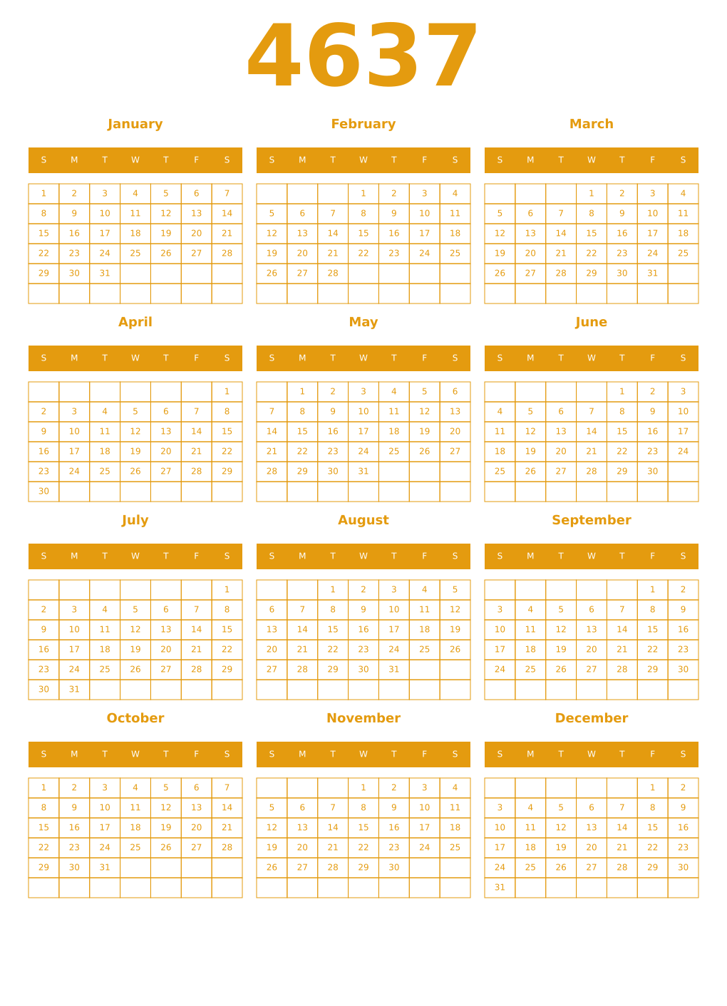 Printable 4637 Year Calendars gamboge