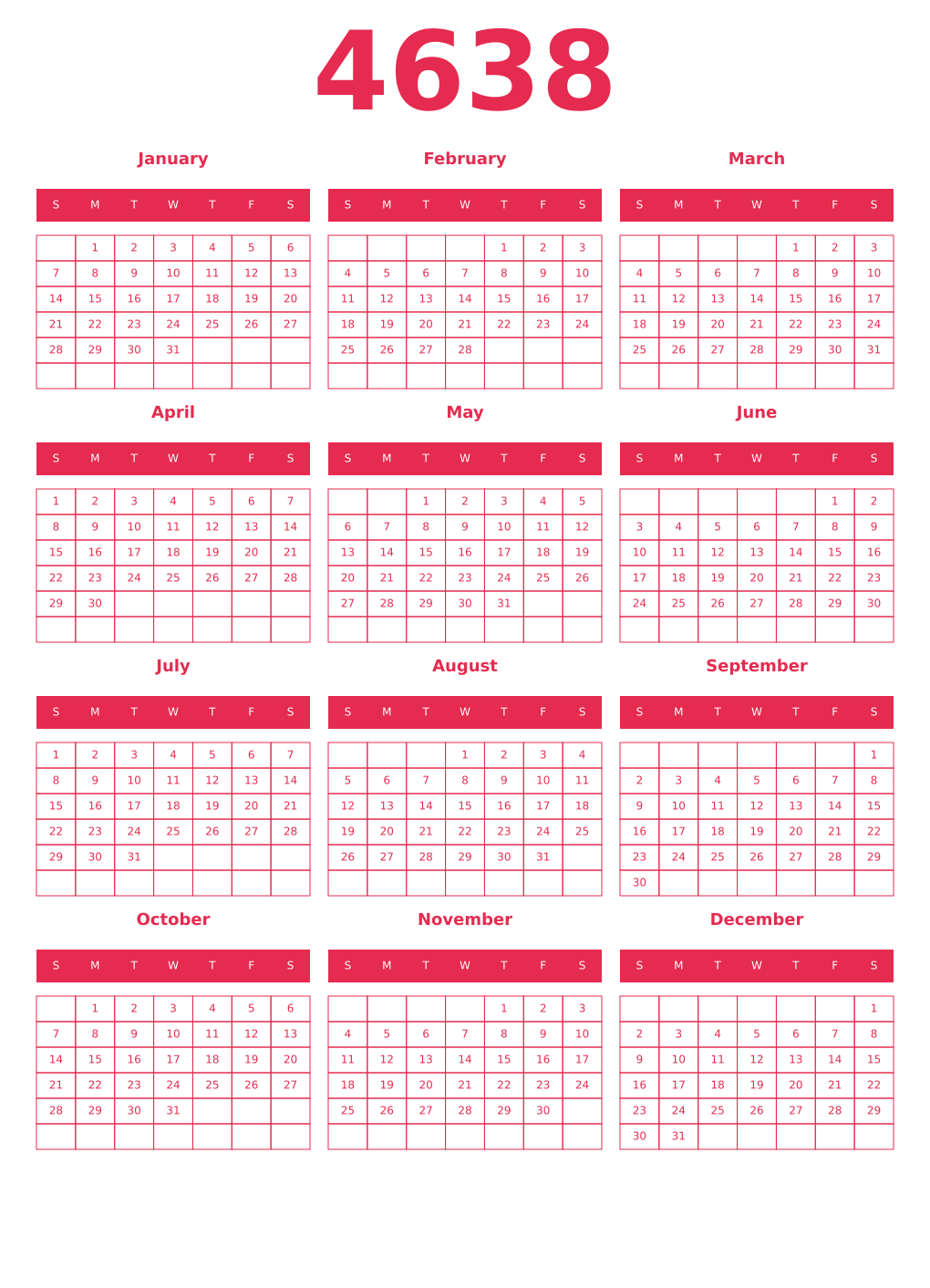 Printable 4638 Year Calendars amaranth