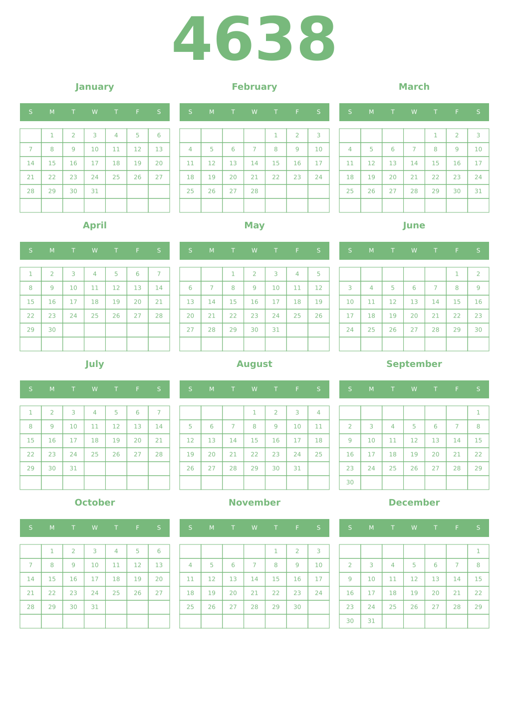 Printable 4638 Year Calendars celadon