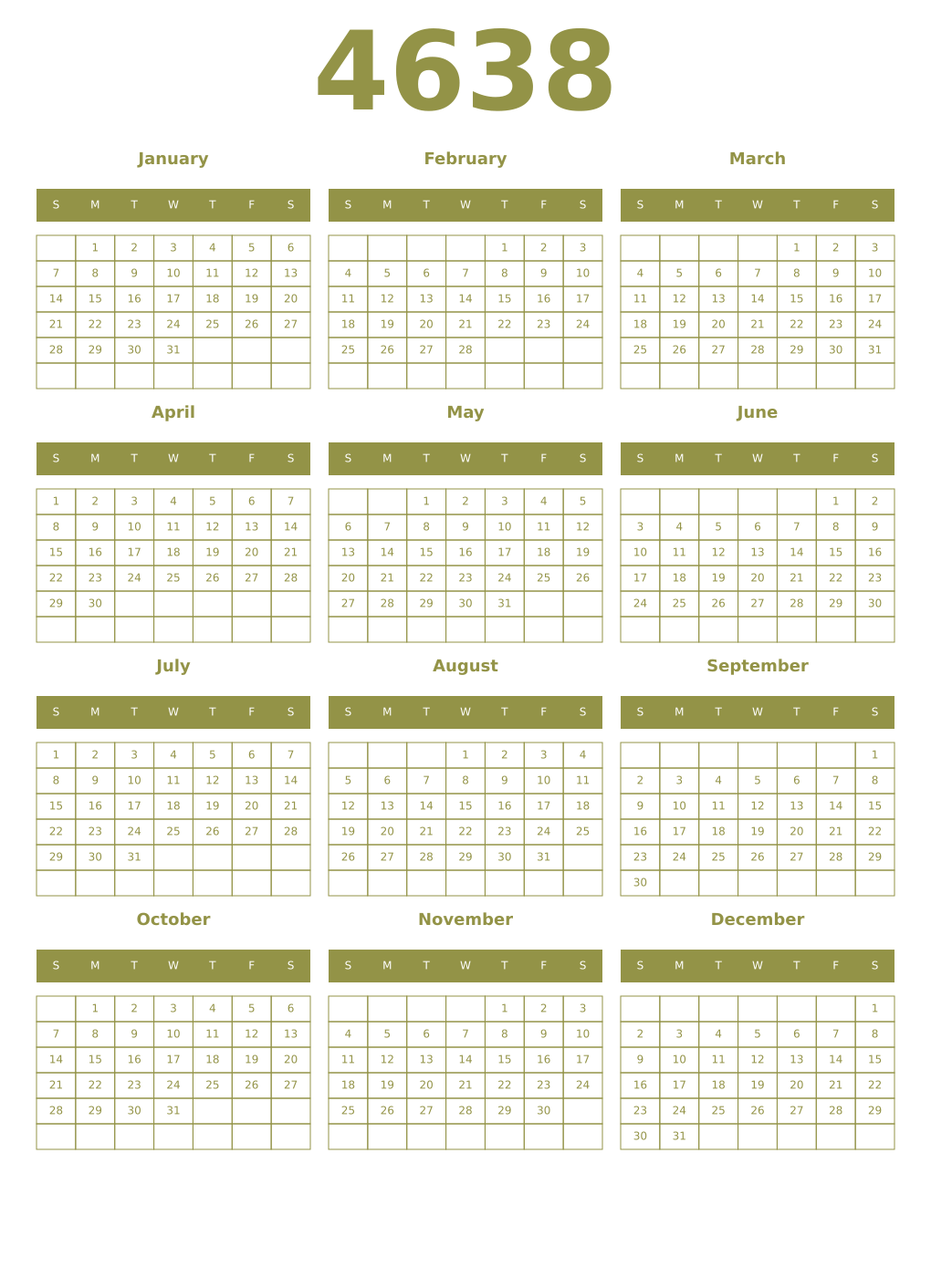 Printable 4638 Year Calendars eburnean