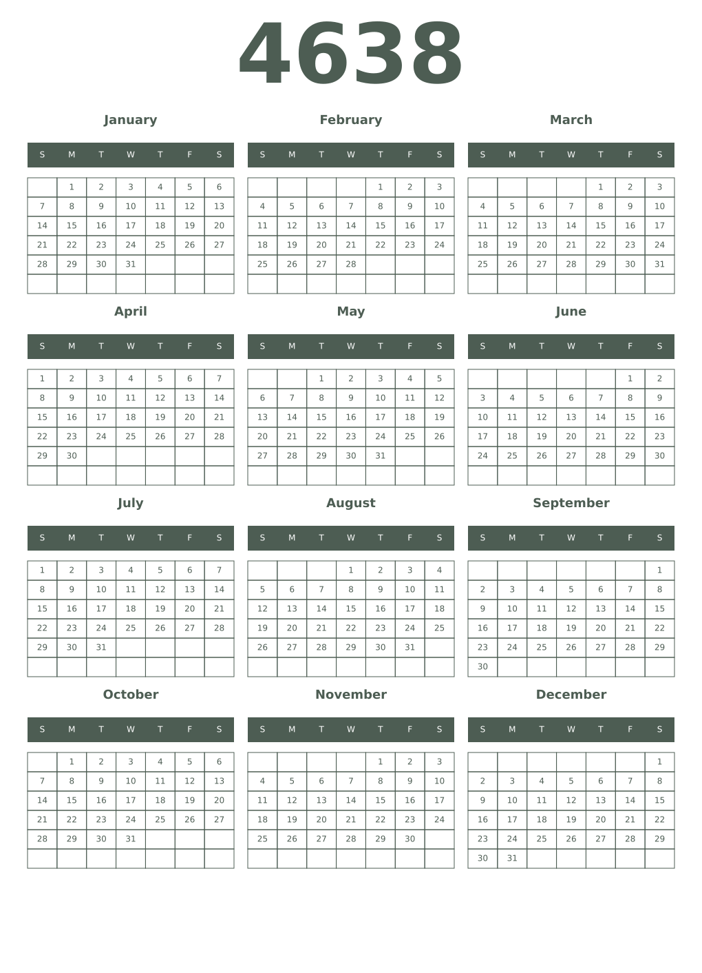 Printable 4638 Year Calendars feldgrau