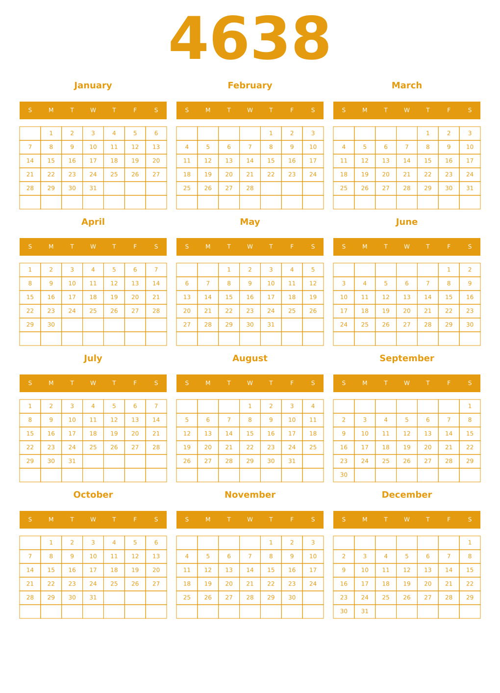 Printable 4638 Year Calendars gamboge