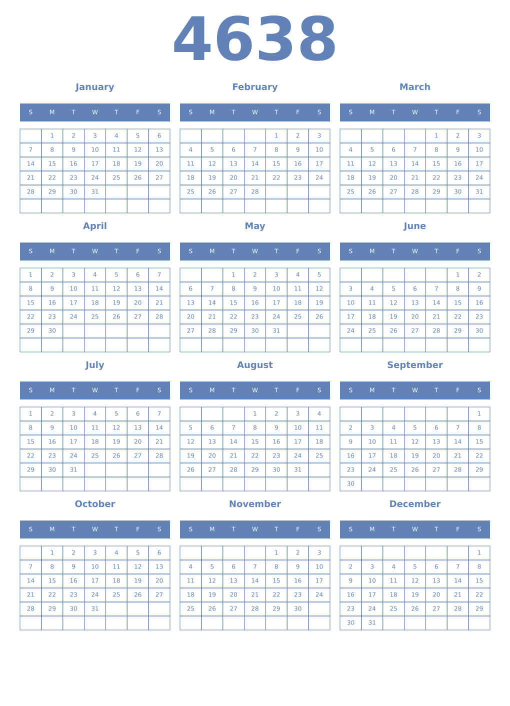 Printable 4638 Year Calendars glaucous
