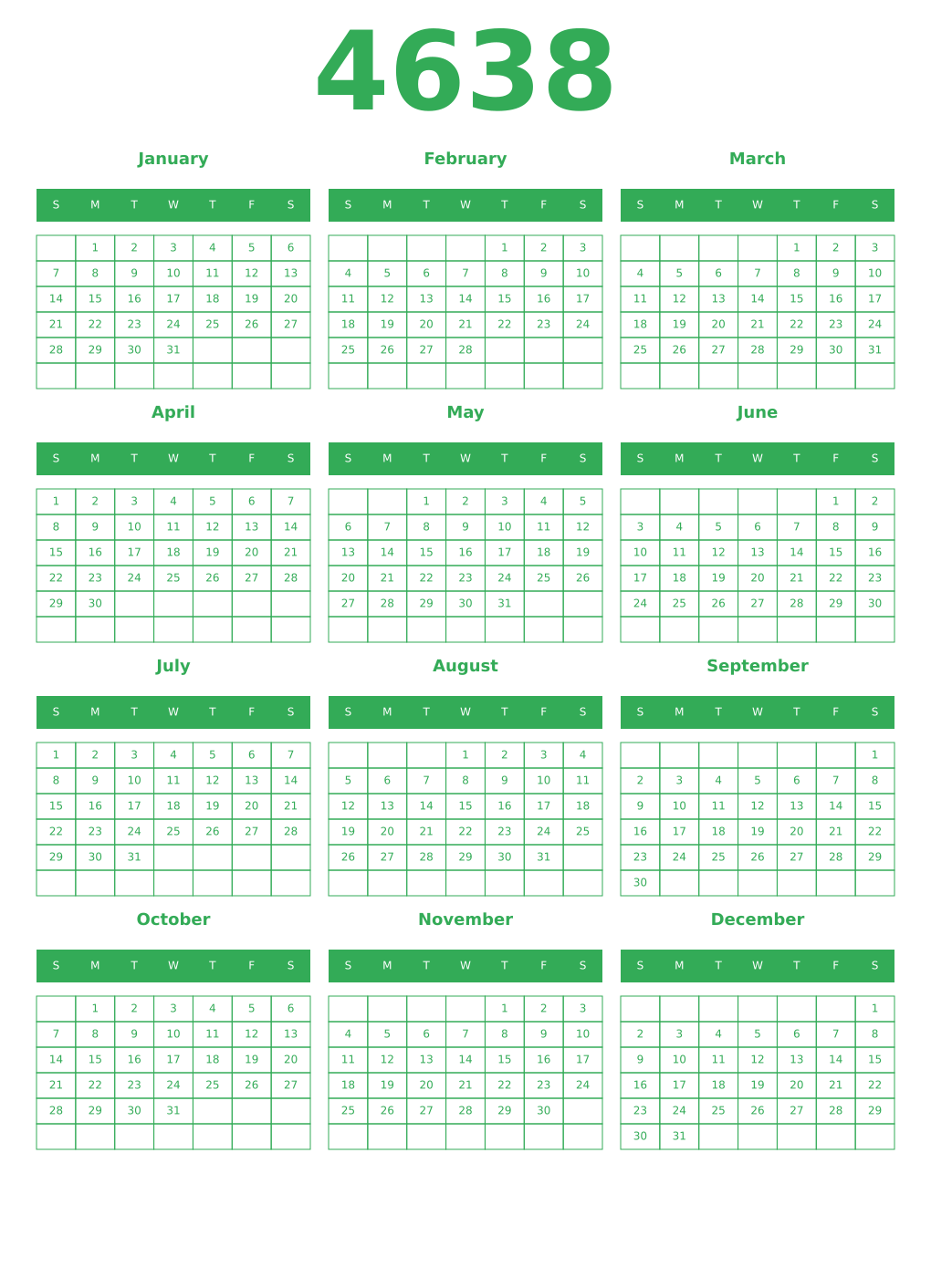 Printable 4638 Year Calendars green