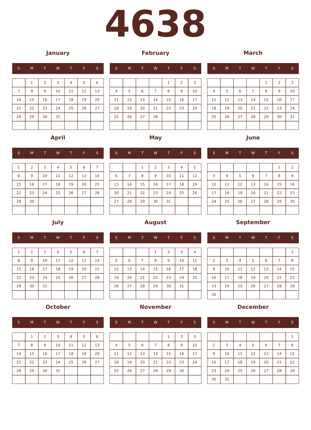 Printable 4638 Year Calendars mortuum