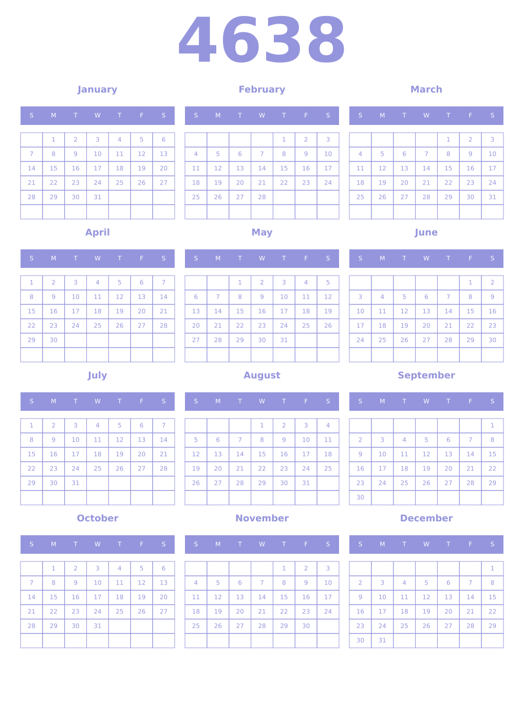 Printable 4638 Year Calendars periwinkle