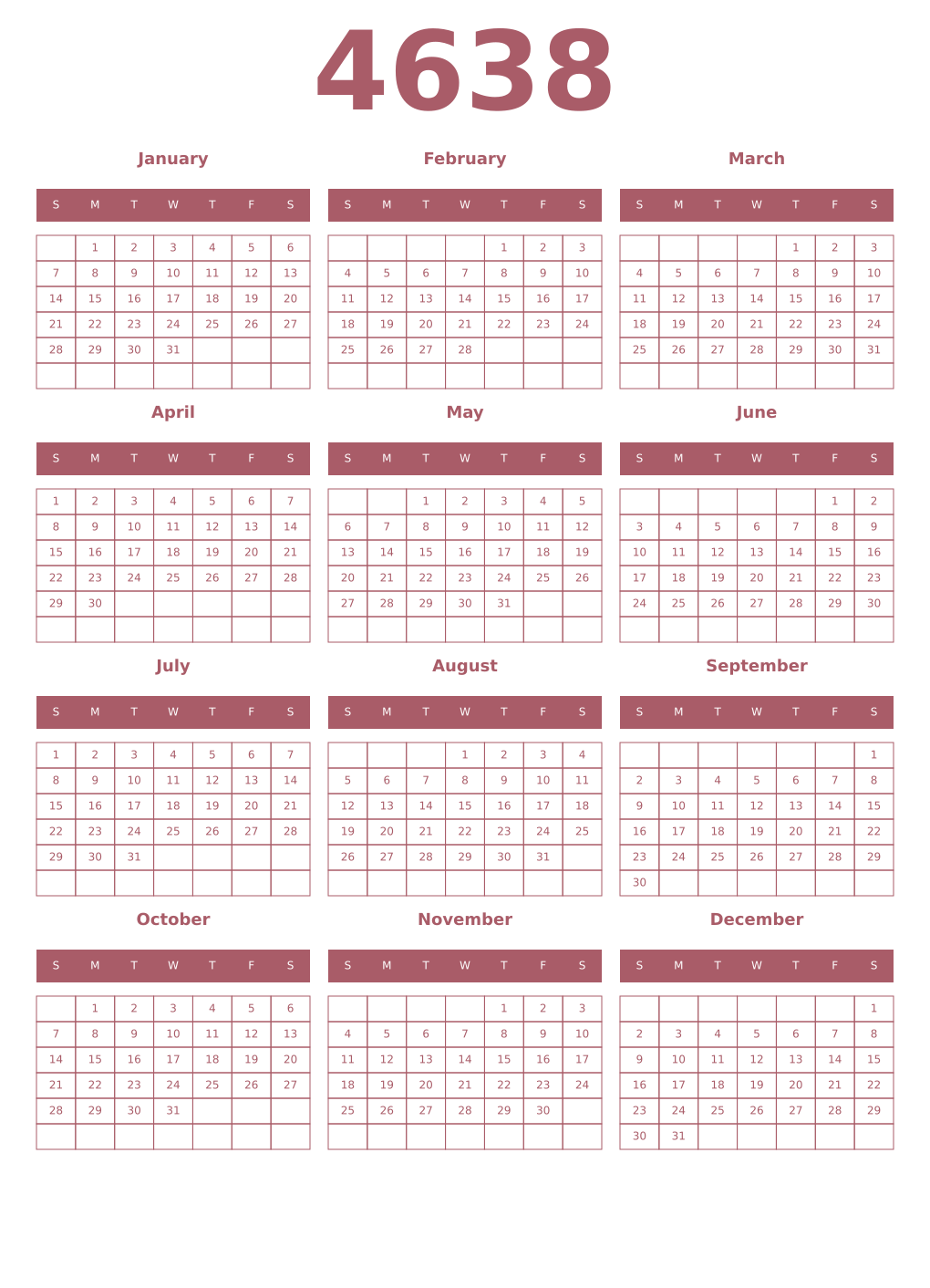 Printable 4638 Year Calendars puce