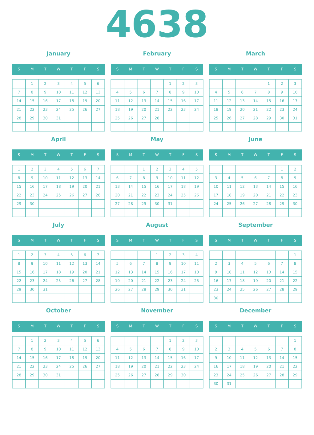 Printable 4638 Year Calendars verdigris