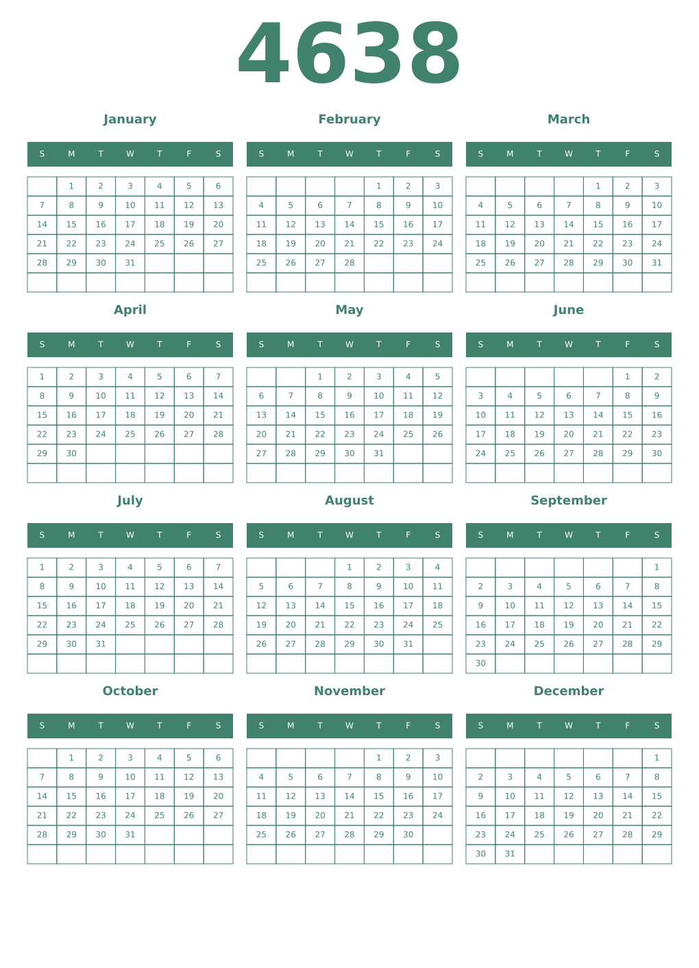 Printable 4638 Year Calendars viridian