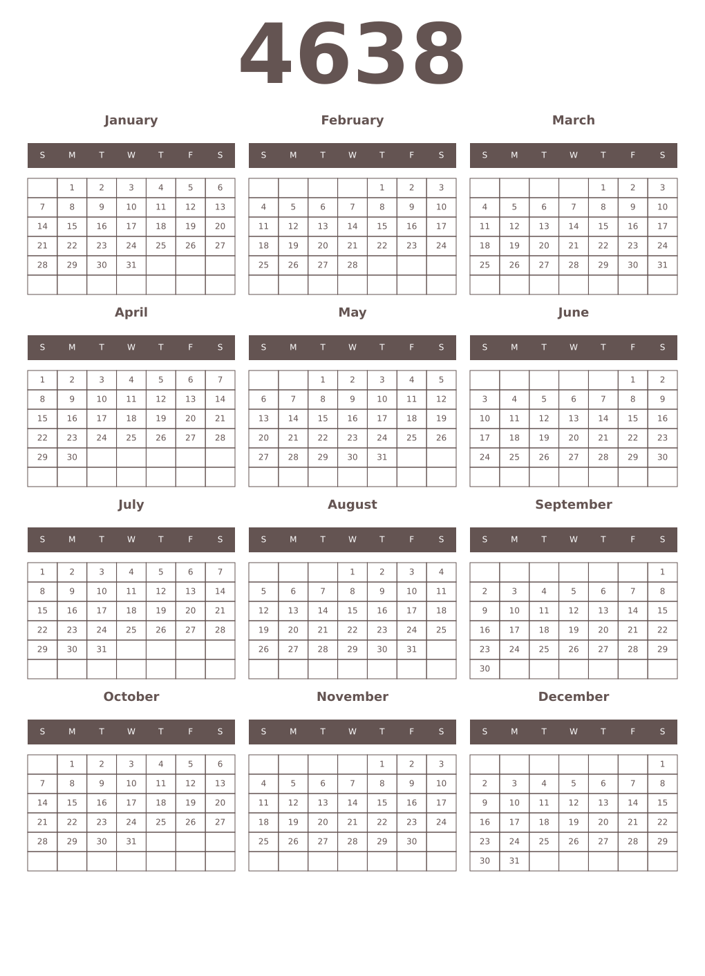 Printable 4638 Year Calendars wenge