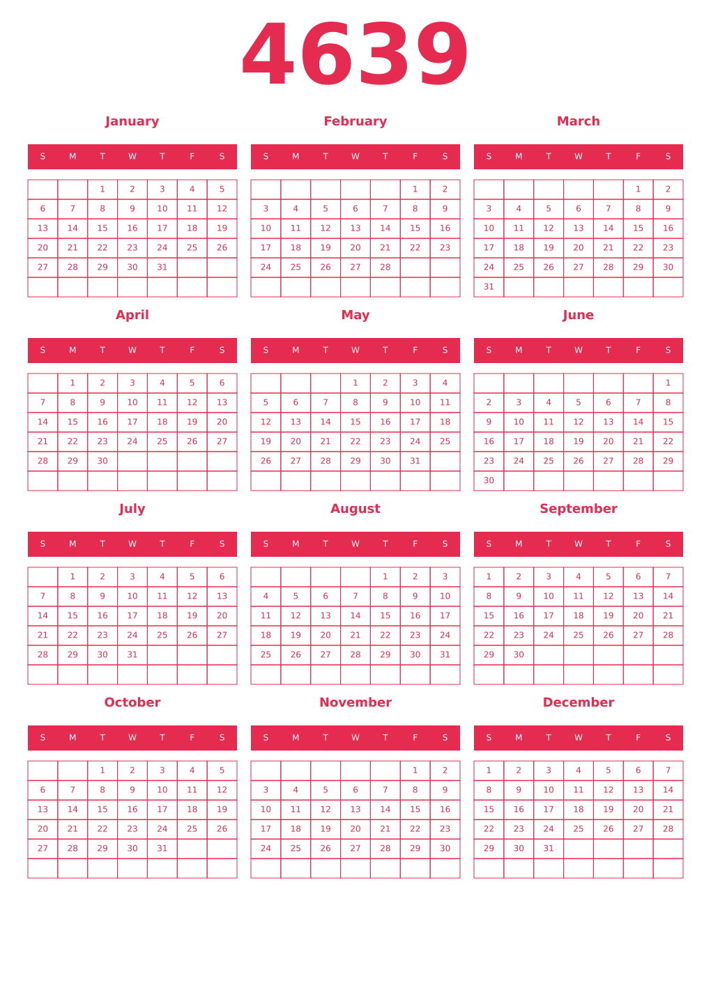 Printable 4639 Year Calendars amaranth