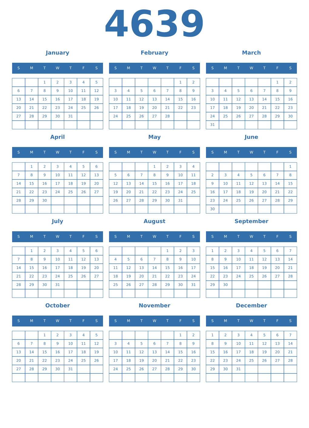 Printable 4639 Year Calendars blue