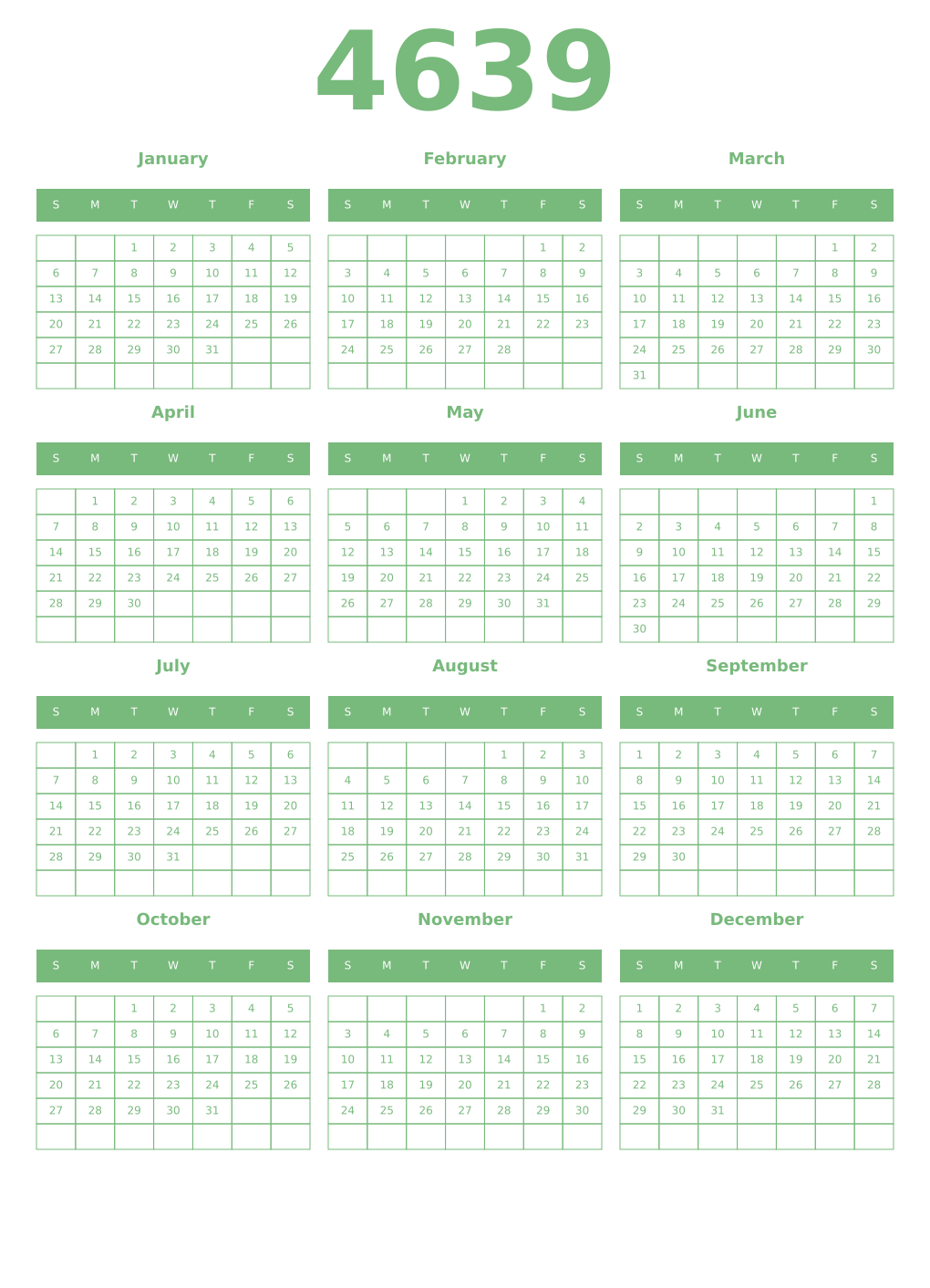 Printable 4639 Year Calendars celadon