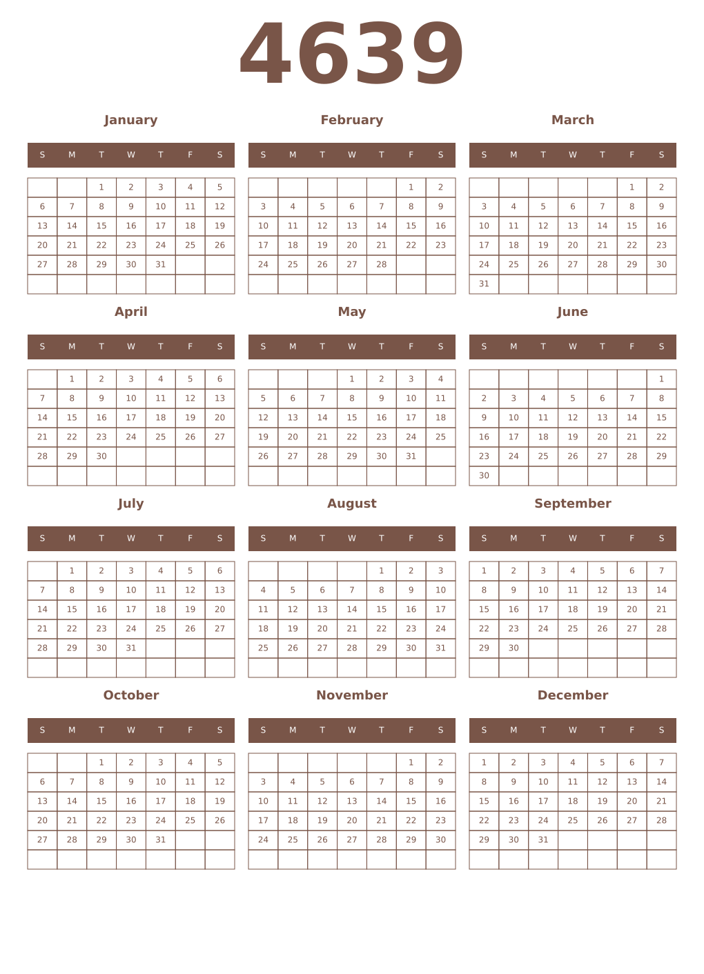 Printable 4639 Year Calendars coffe