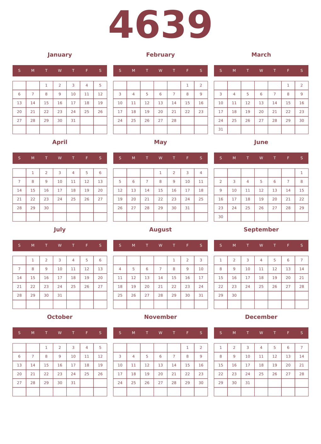 Printable 4639 Year Calendars cordovan