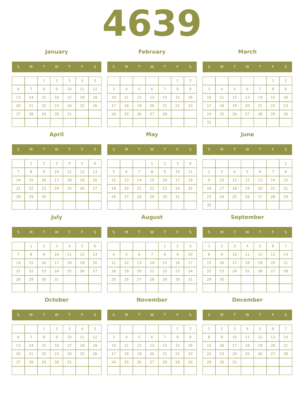 Printable 4639 Year Calendars eburnean