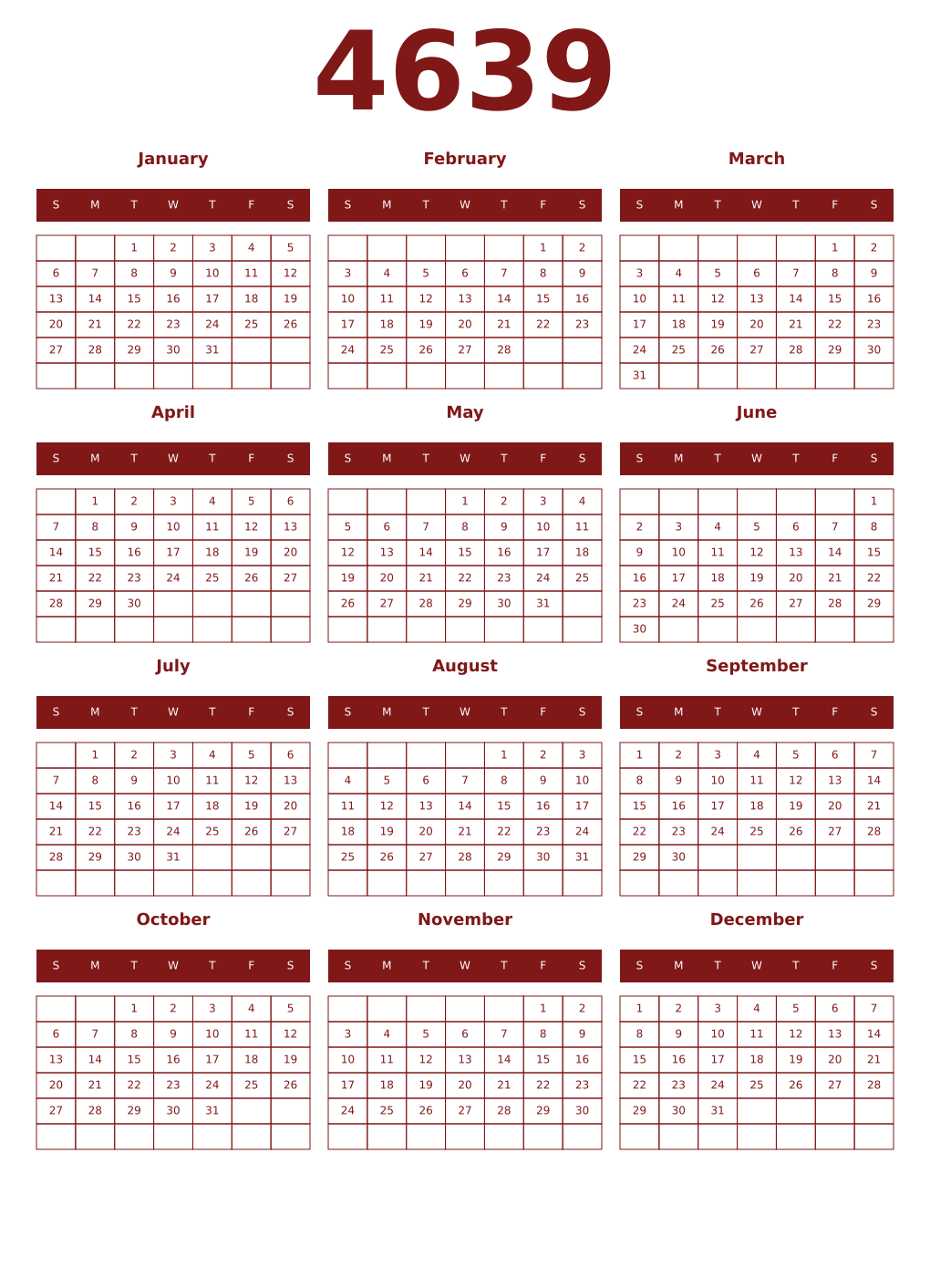 Printable 4639 Year Calendars falu
