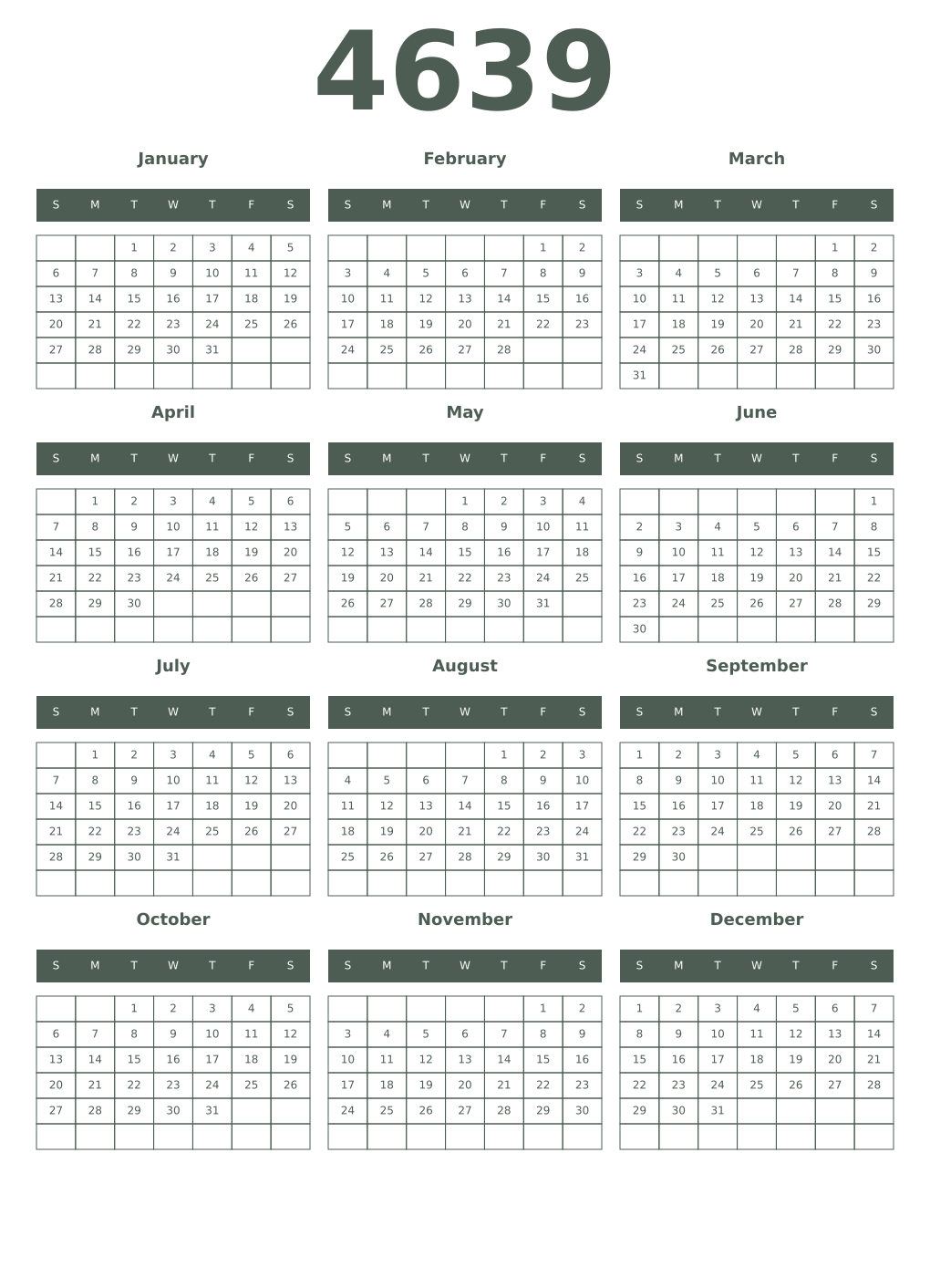 Printable 4639 Year Calendars feldgrau