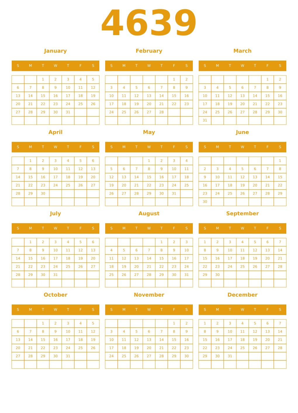 Printable 4639 Year Calendars gamboge