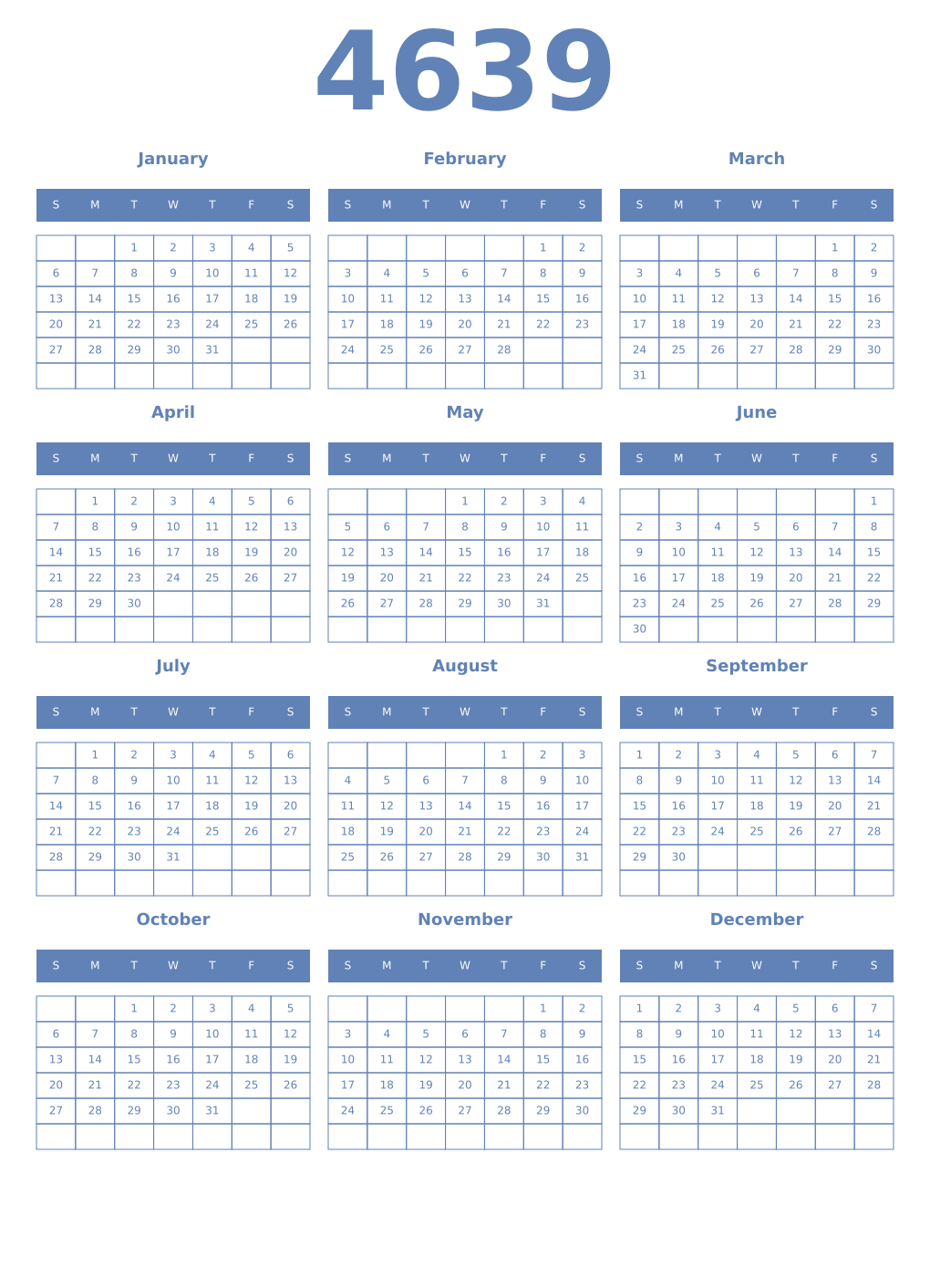 Printable 4639 Year Calendars glaucous
