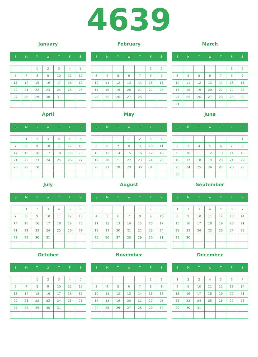 Printable 4639 Year Calendars green
