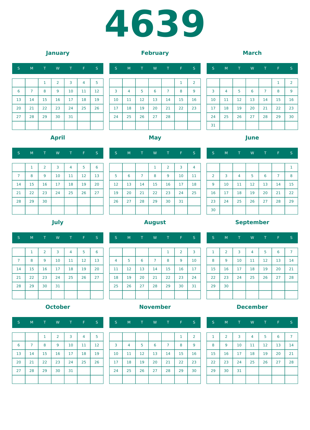 Printable 4639 Year Calendars pastel