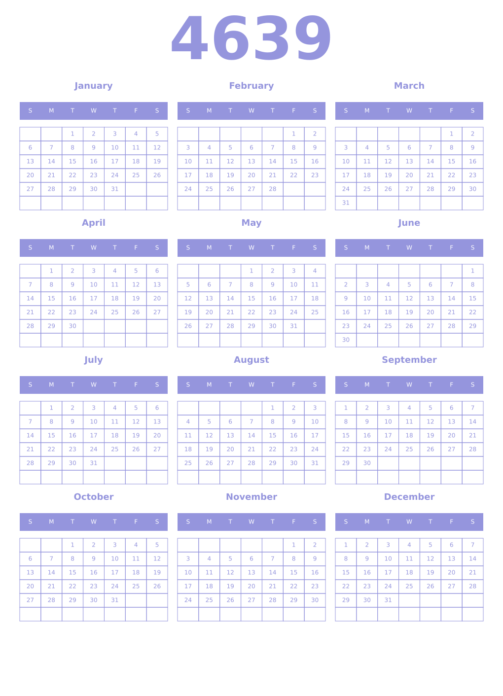 Printable 4639 Year Calendars periwinkle