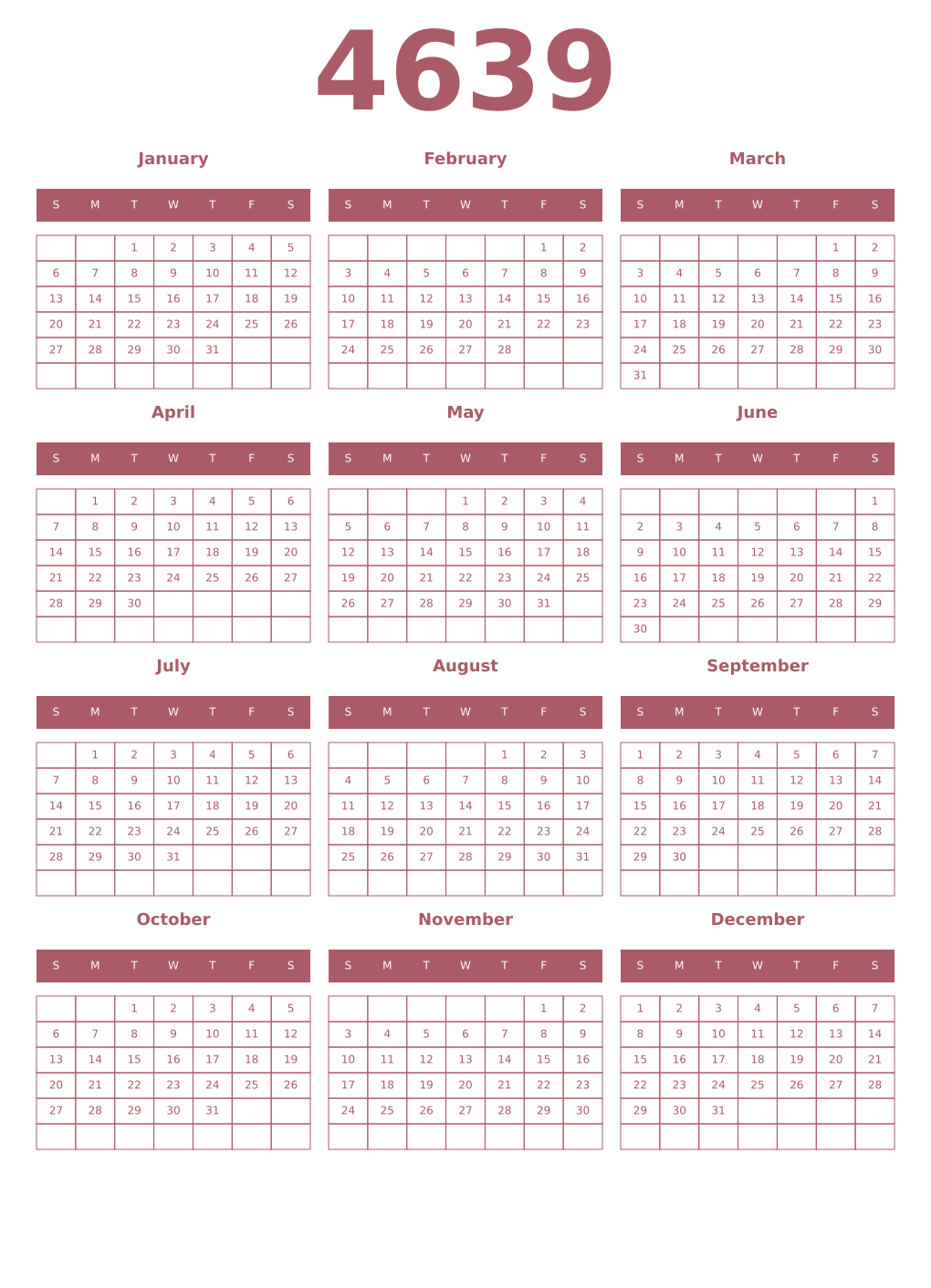 Printable 4639 Year Calendars puce