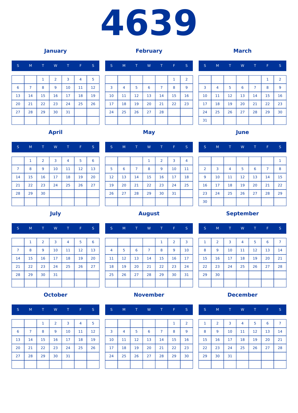 Printable 4639 Year Calendars smalt