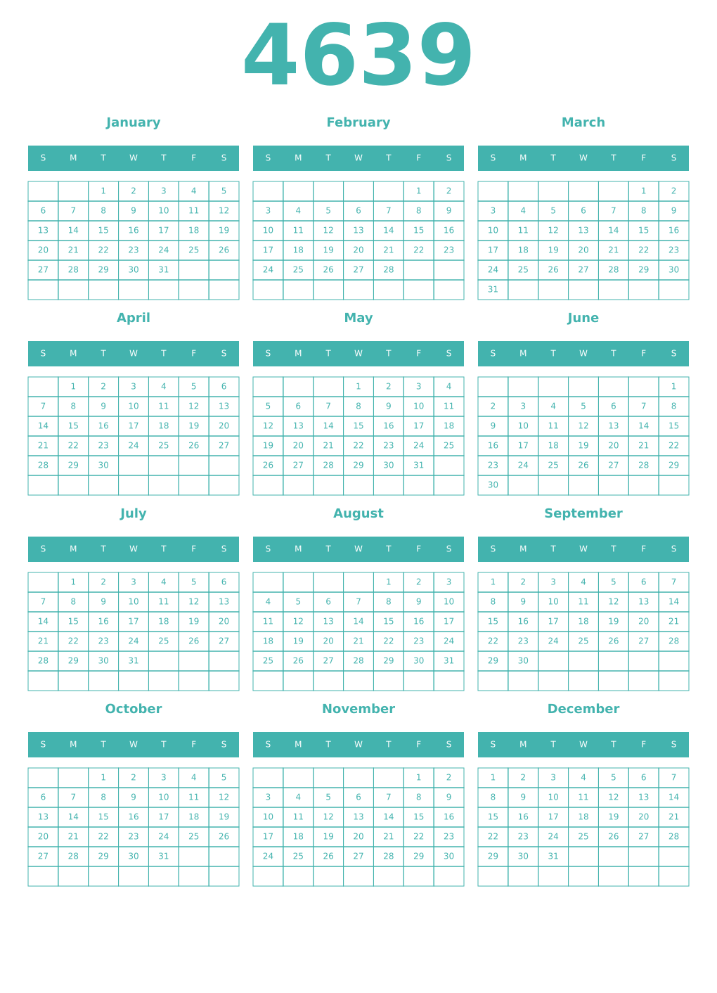 Printable 4639 Year Calendars verdigris