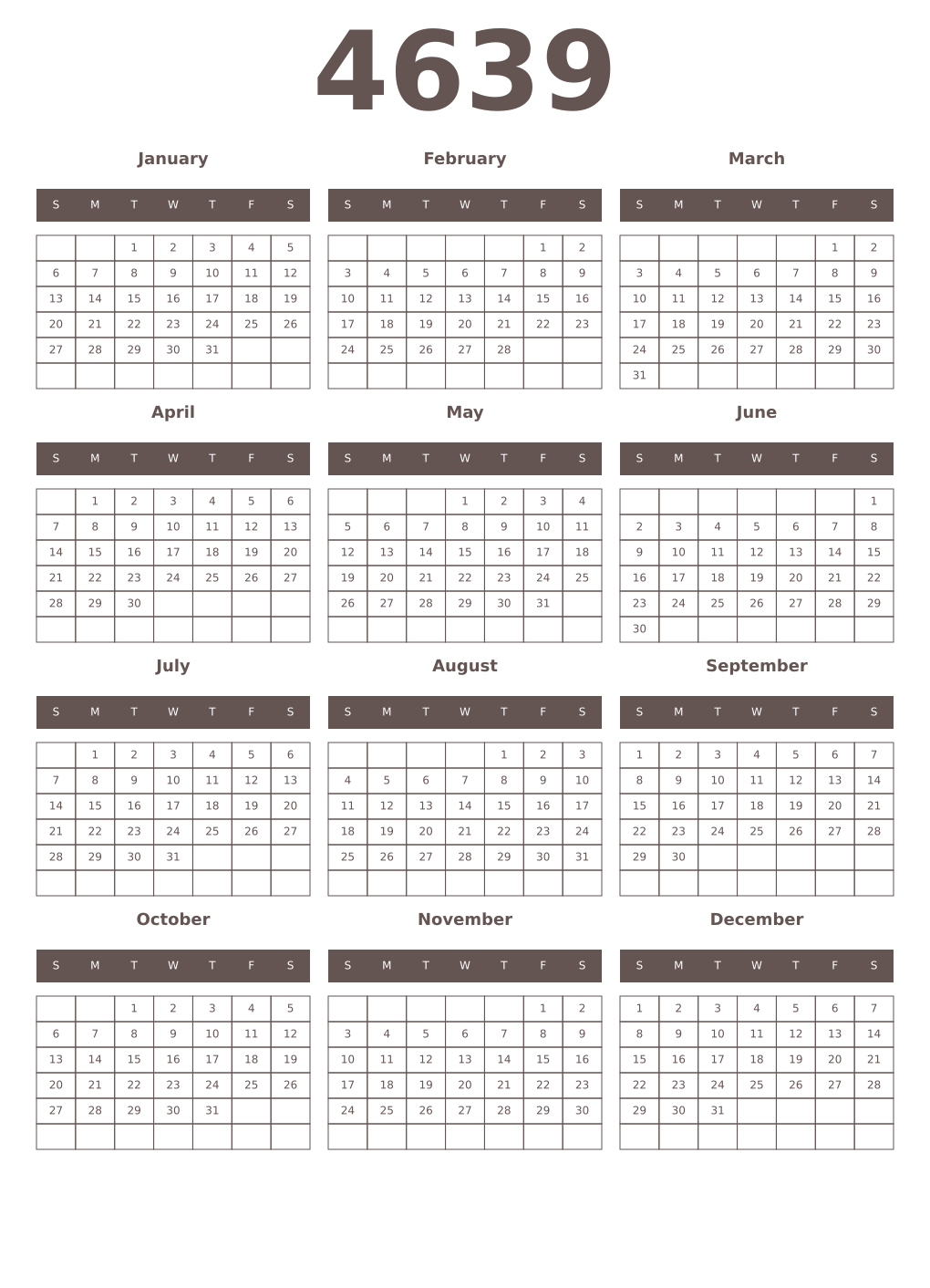 Printable 4639 Year Calendars wenge