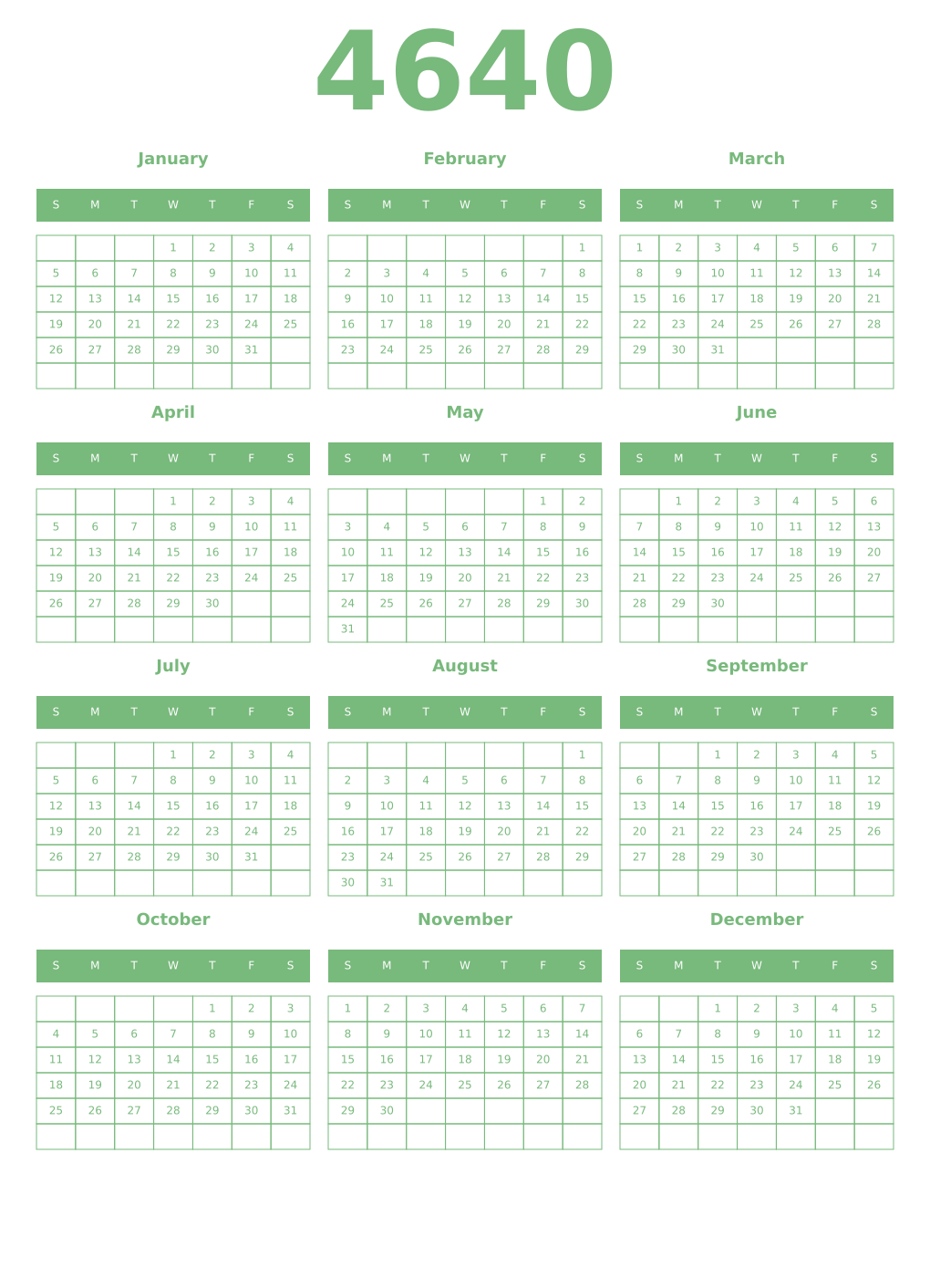 Printable 4640 Year Calendars celadon