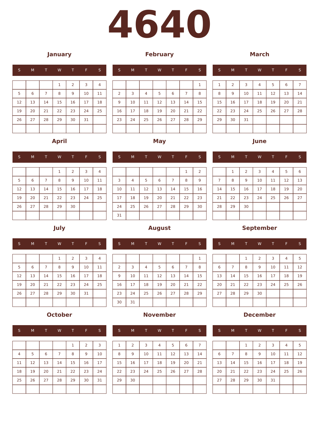 Printable 4640 Year Calendars mortuum