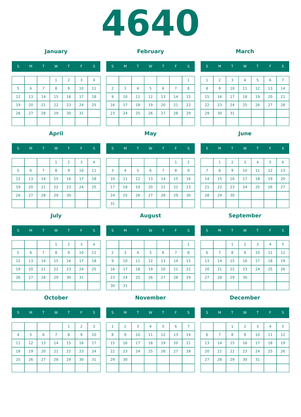 Printable 4640 Year Calendars pastel