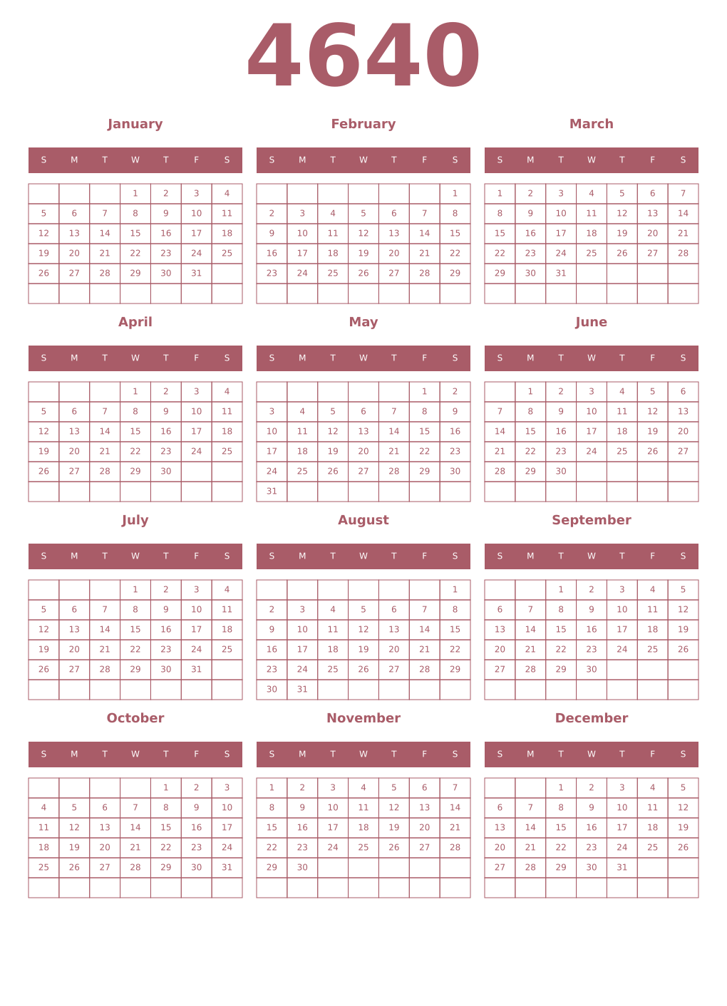 Printable 4640 Year Calendars puce