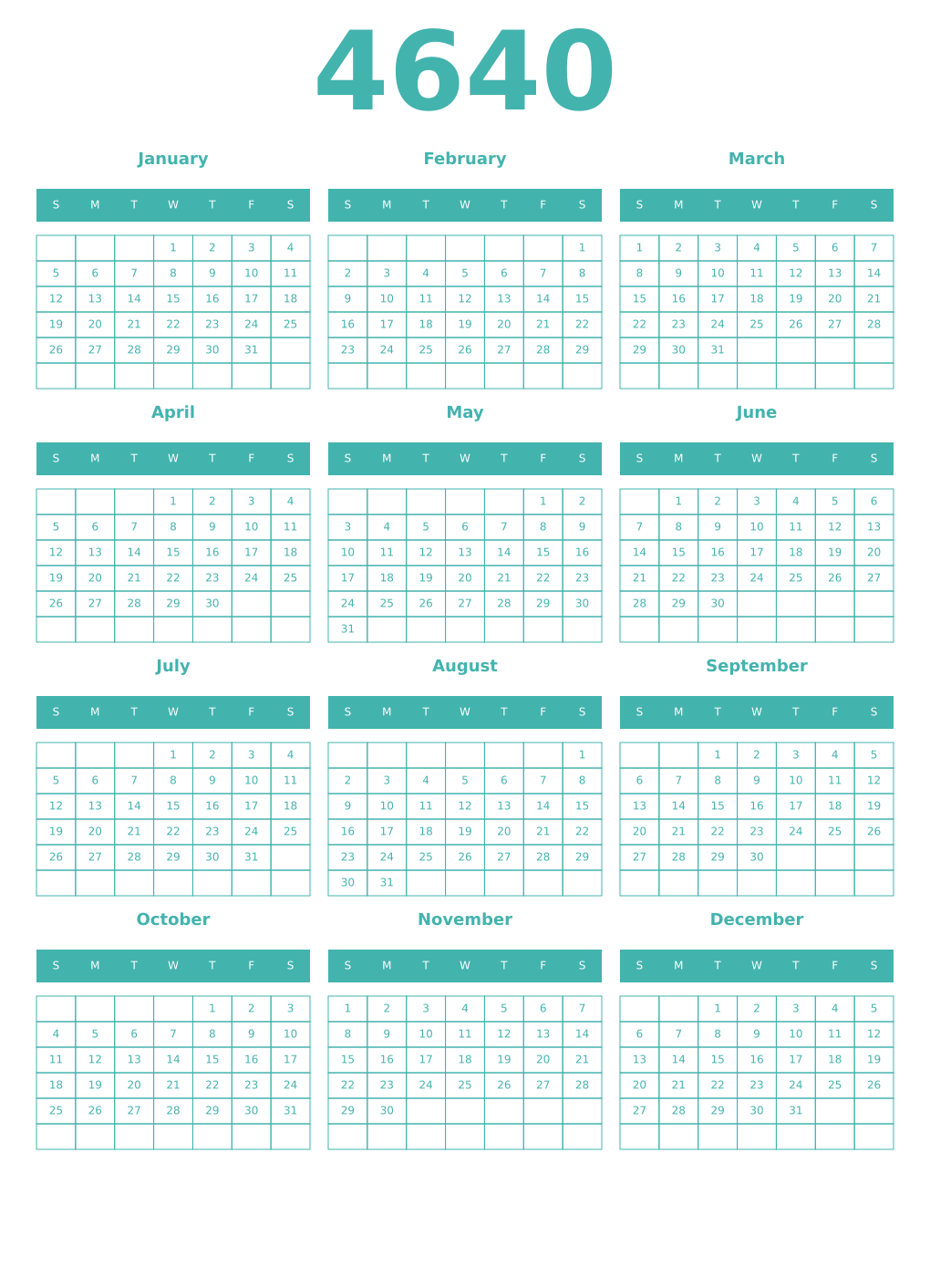 Printable 4640 Year Calendars verdigris