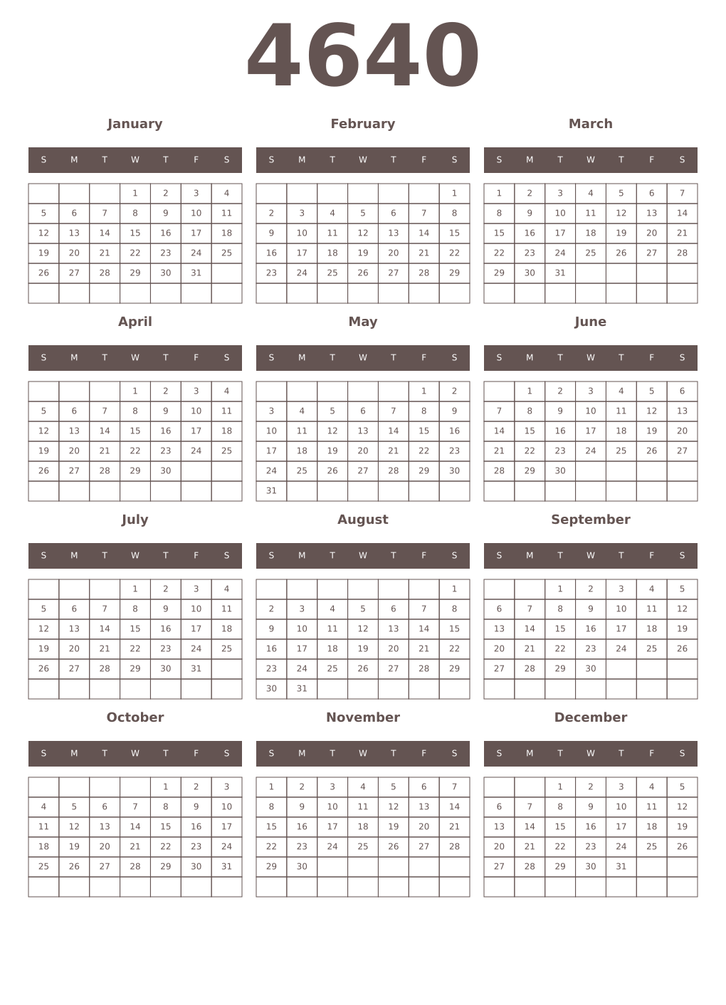 Printable 4640 Year Calendars wenge