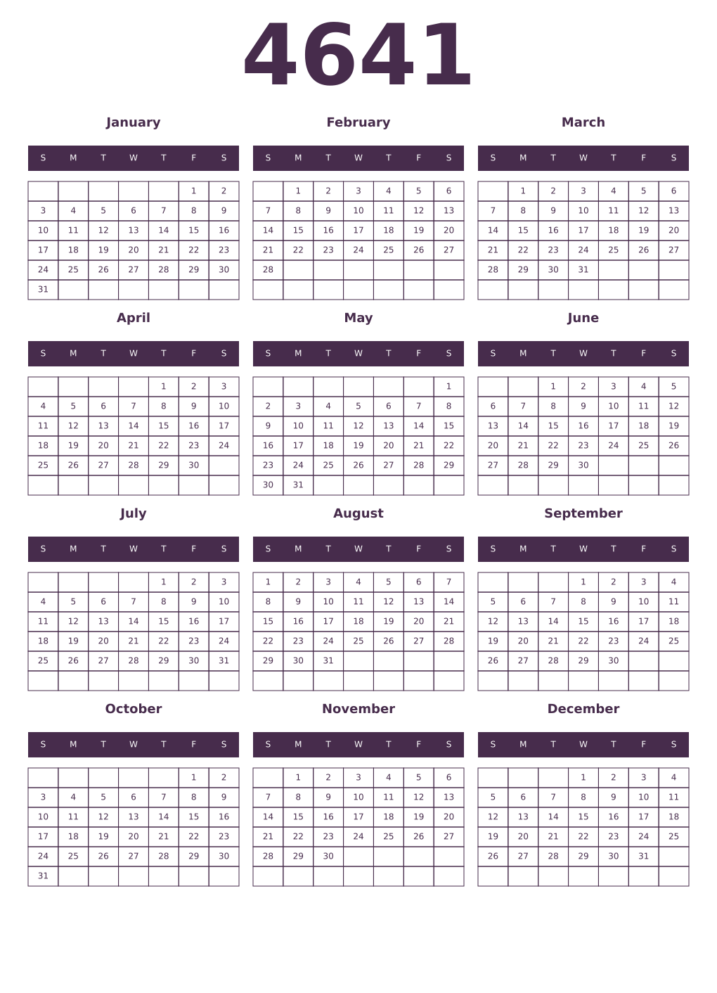 Printable 4641 Year Calendars aubergine