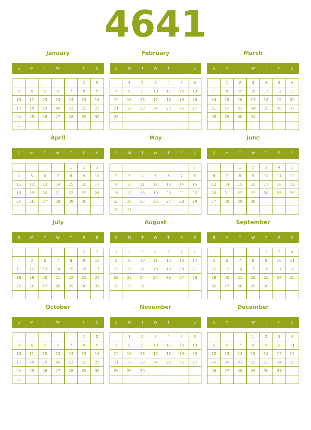 Printable 4641 Year Calendars chartreuse
