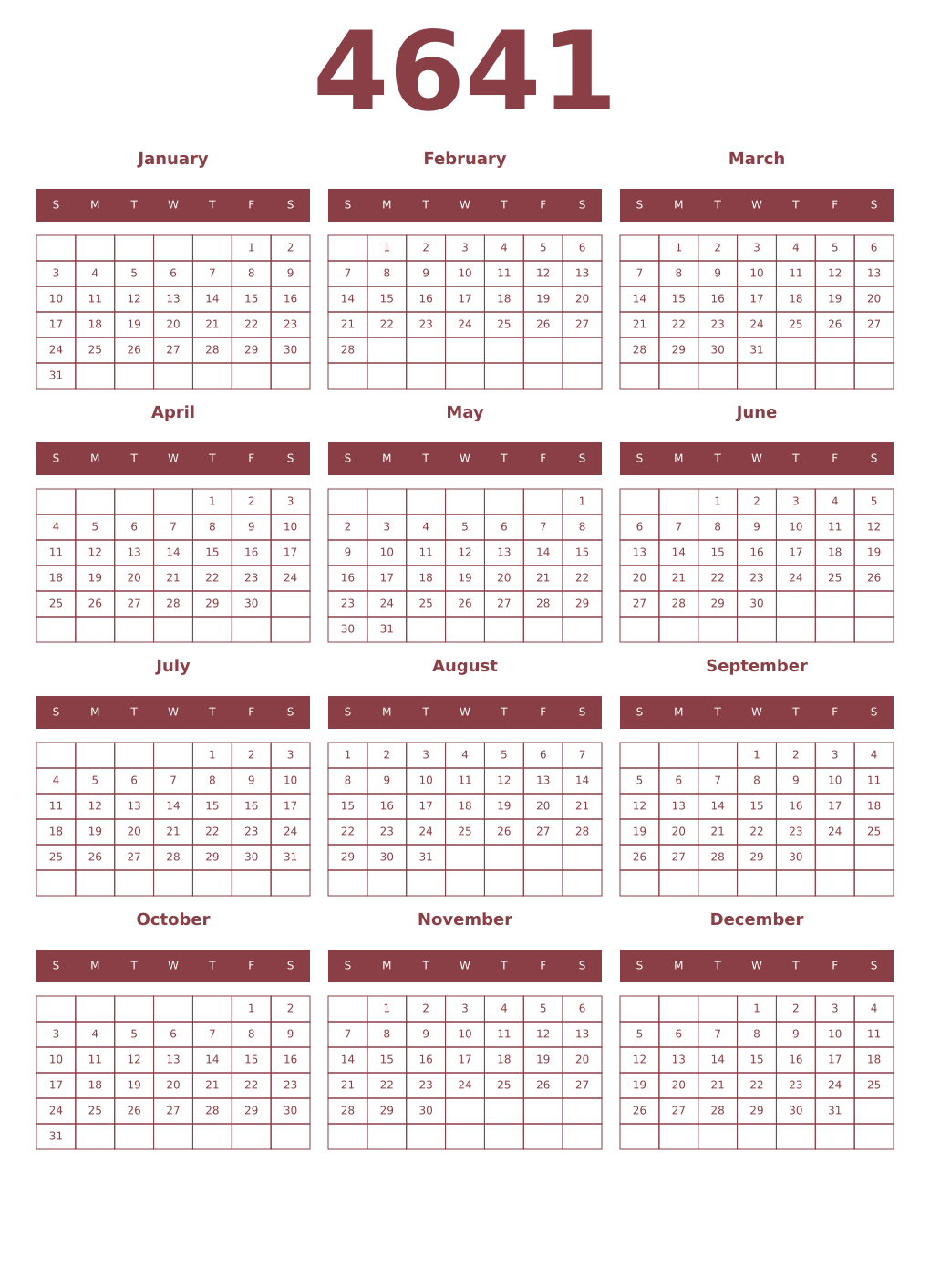 Printable 4641 Year Calendars cordovan