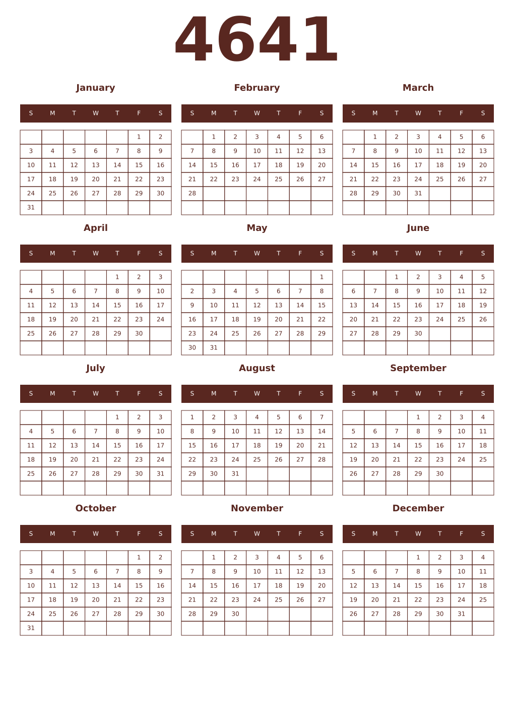 Printable 4641 Year Calendars mortuum