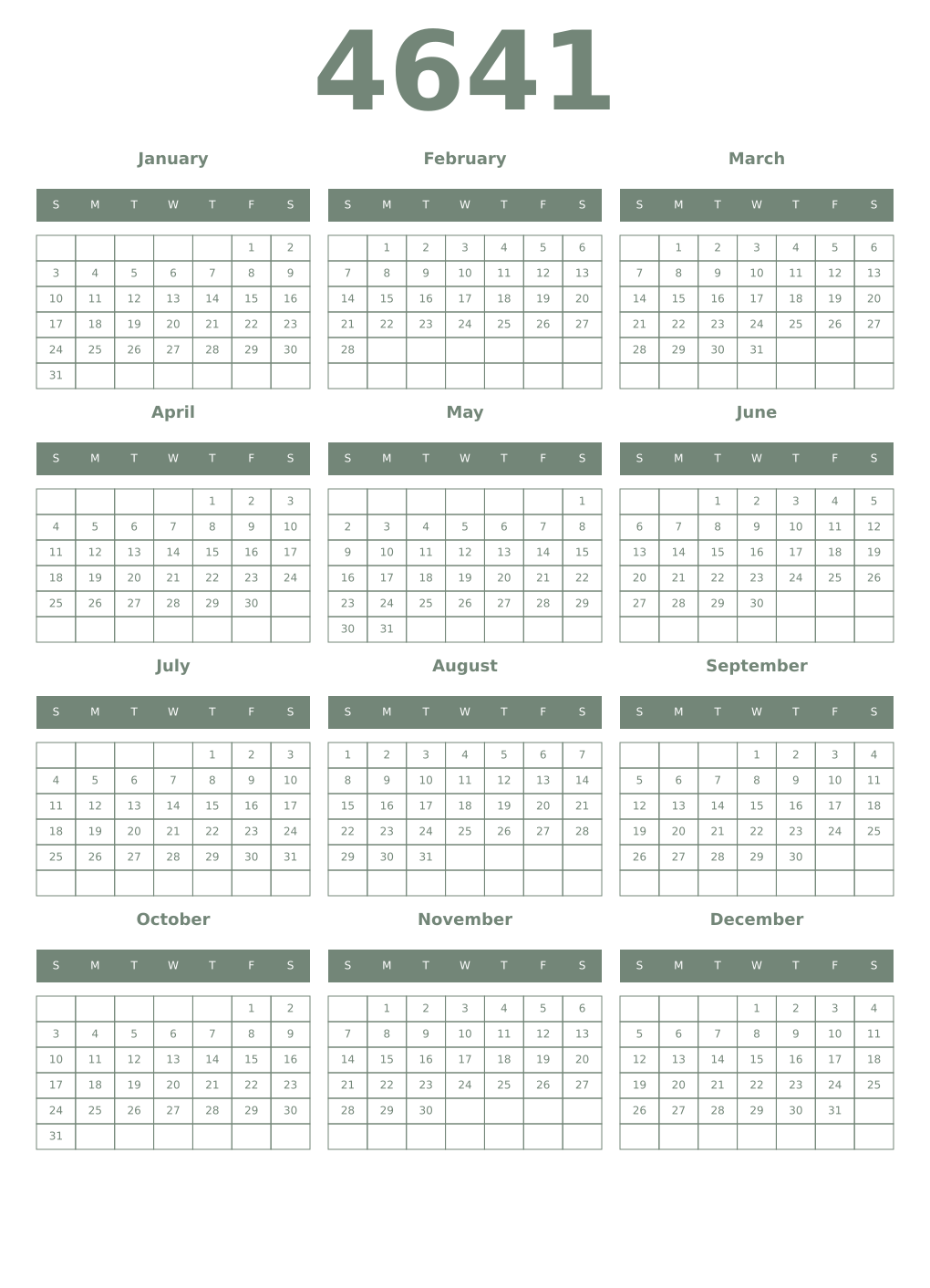 Printable 4641 Year Calendars xanadu