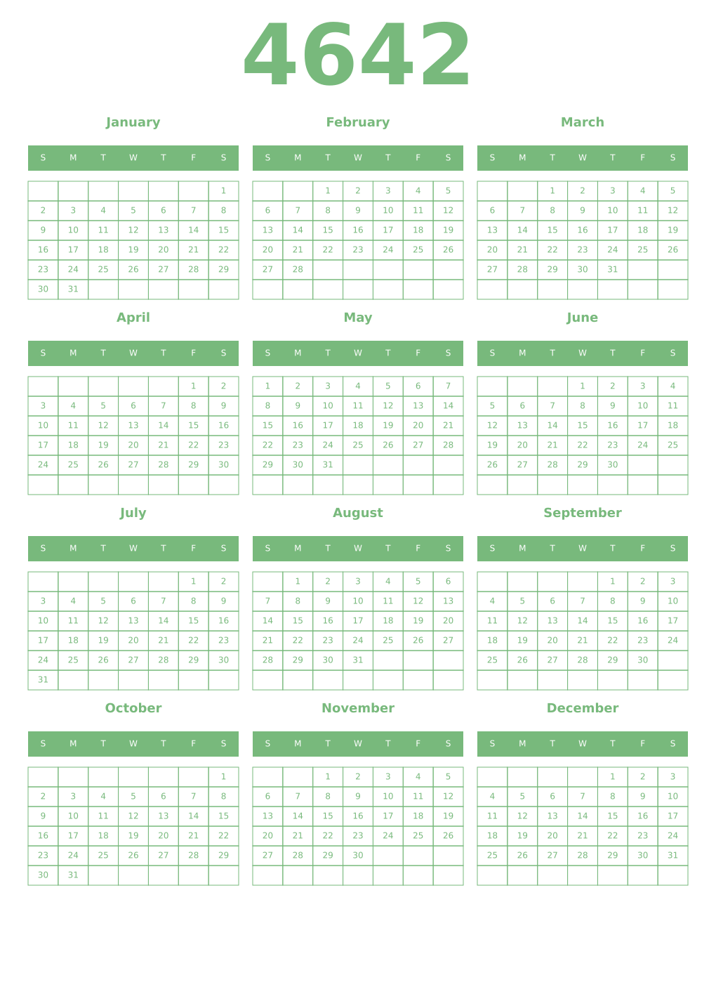 Printable 4642 Year Calendars celadon