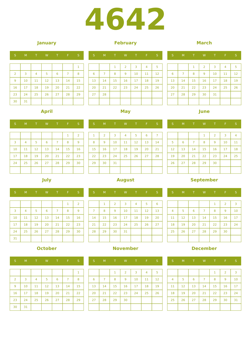 Printable 4642 Year Calendars chartreuse