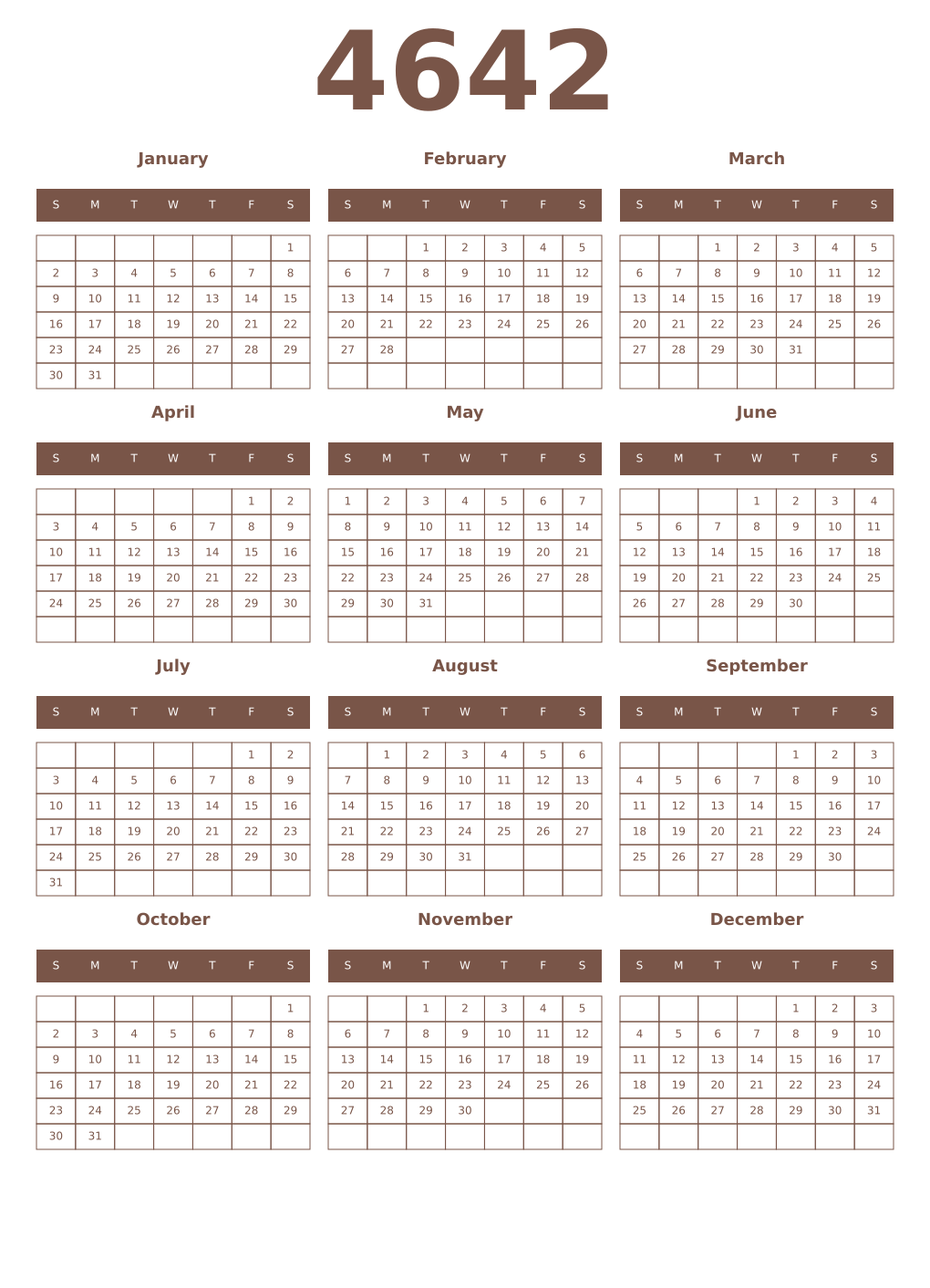 Printable 4642 Year Calendars coffe