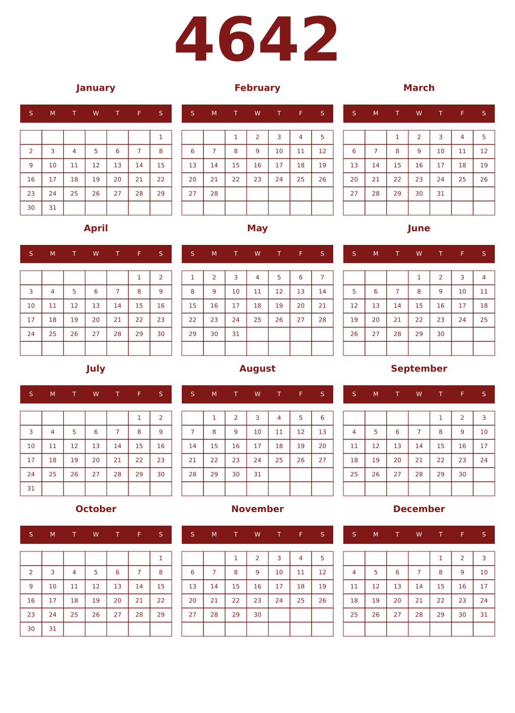 Printable 4642 Year Calendars falu