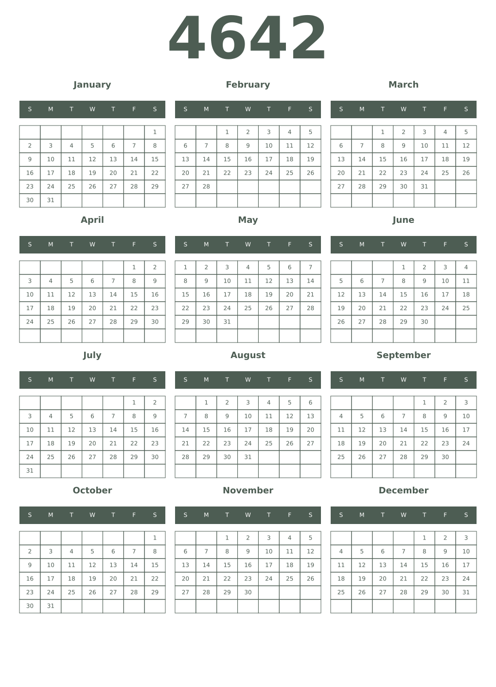 Printable 4642 Year Calendars feldgrau