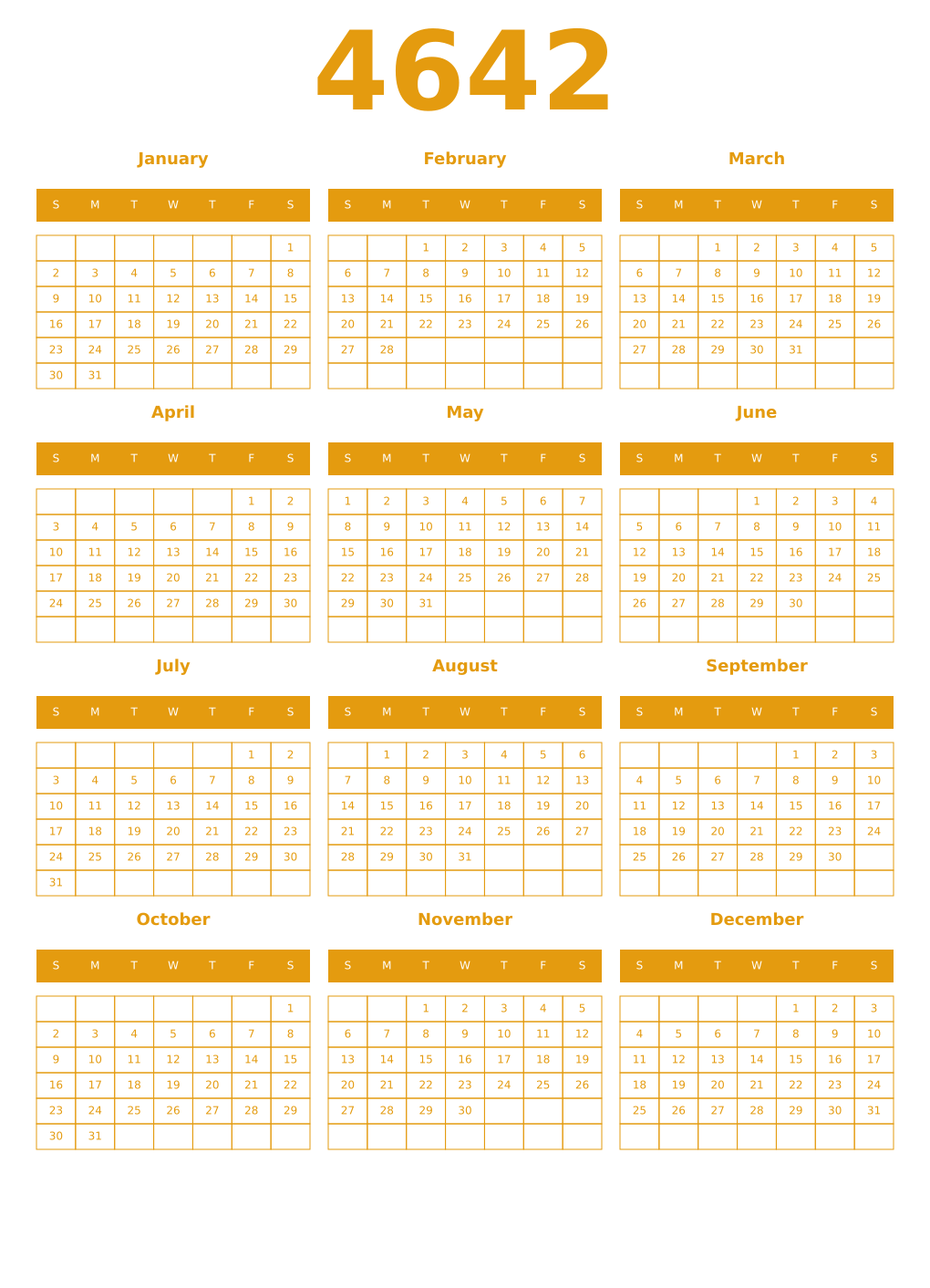 Printable 4642 Year Calendars gamboge